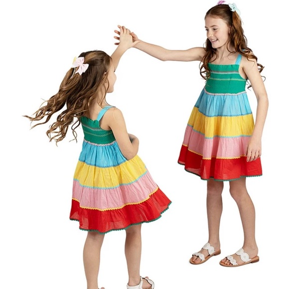 Mini Boden Rainbow Tiered Striped Dress Sz 7-8 - Picture 1 of 6
